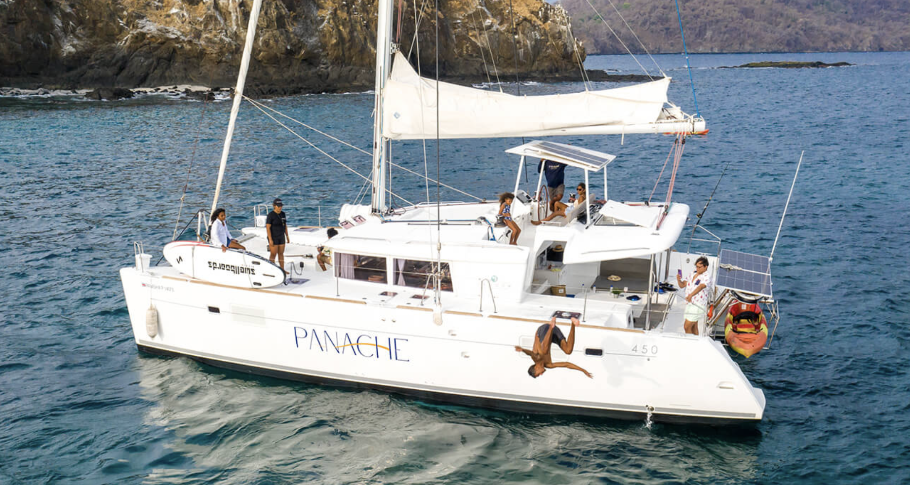 Catamaran public tour with guests on deck